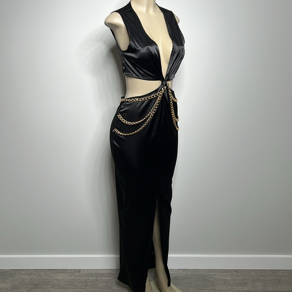 Akira Chain Me Up black satin maxi dress NWT size medium - Picture 3 of 8